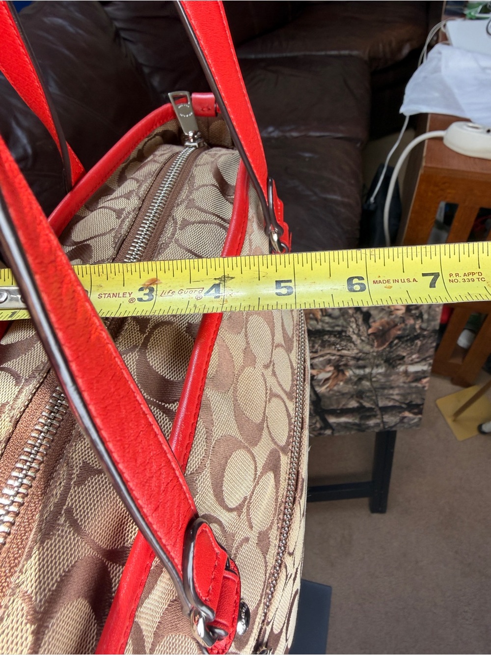 COACH Signature Jacquard Tote Bag Red Leather Trim - Picture 10 of 12